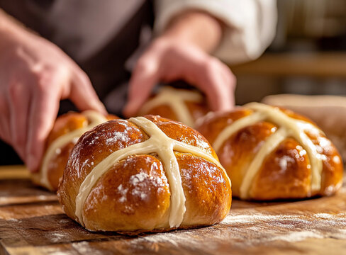 Close-up of traditional Hot Cross Buns, golden brown and fluffy, freshly out of the oven. A classic spiced bread roll enjoyed during Easter celebrations