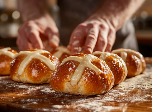 Close-up of traditional Hot Cross Buns, golden brown and fluffy, freshly out of the oven. A classic spiced bread roll enjoyed during Easter celebrations