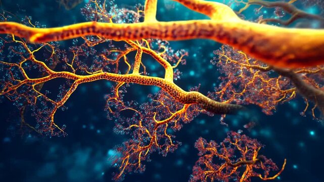 A detailed macro image showcasing vibrant, glowing veins within a dark, blurred background.