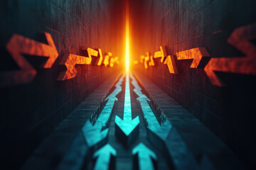 Obraz premium Arrows merging into a single path toward a glowing center in an artistic vision of unification goals and success