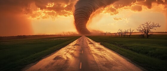 Fototapeta premium Dramatic Tornado Over Rural Landscape at Sunset, Approaching on Asphalt Road Concept of Natural Disaster, Climate Change, and Extreme Weather