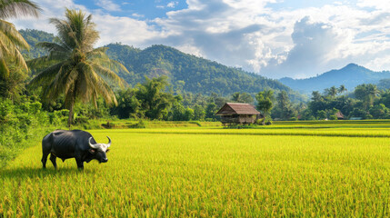 Thai farm with a picturesque water buffalo grazing in a lush green rice field