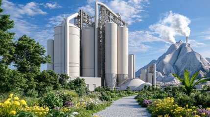 Fototapeta premium Industrial Complex Amidst Lush Greenery and Mountainous Terrain