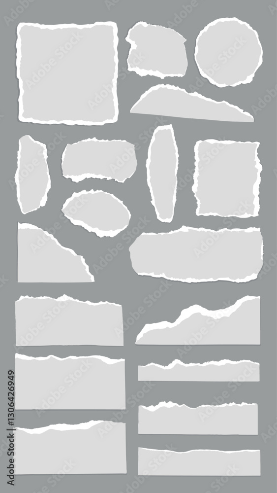 Poster collection of torn paper edges on a gray background. various shapes of torn paper, including rectang