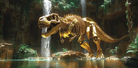 Golden T Rex Skeleton in Lush Prehistoric Jungle Setting