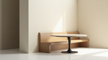 Minimalist dining area with a wooden bench and round table casting soft shadows