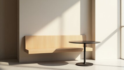 Minimalist Seating Area with Wooden Bench and Round Table in Sunlight