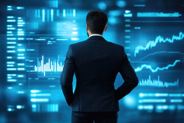 Fototapeta premium Corporate leader addressing team with visual charts of business progress in virtual meeting environment from a digital perspective
