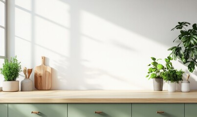 Kitchen Countertop with Green Cabinets and Plants in Bright Natural Light