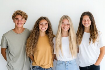 Obraz premium Youth photo shoot: group of friends in the studio on a white background. 