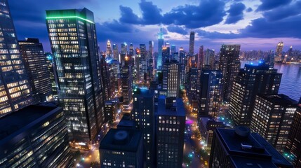 Obraz premium Night Cityscape Illuminated Skyscrapers and City Lights Under a Dark Blue Sky