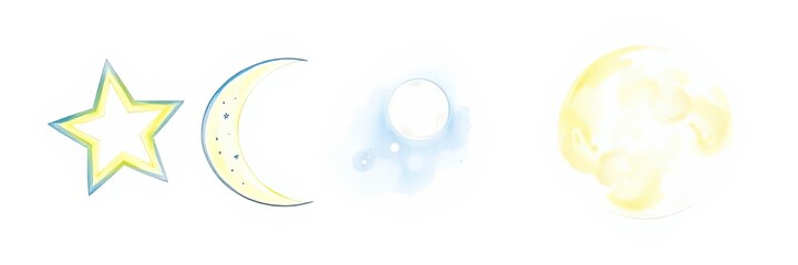 Obraz premium Celestial Watercolor Star Crescent Moon Full Moon Phases Illustration