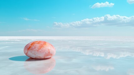 Pink Salmon Onigiri on a Sparkling Salt Flat Under a Clear Blue Sky