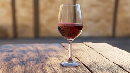 Red Wine in Glass on Rustic Wooden Table Outdoors
