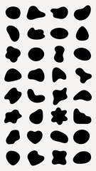 Abstract black shapes on a white background. Organic, irregular forms create a pattern. Shapes vary in size and contour, offering a dynamic visual texture. Black shape vector set.