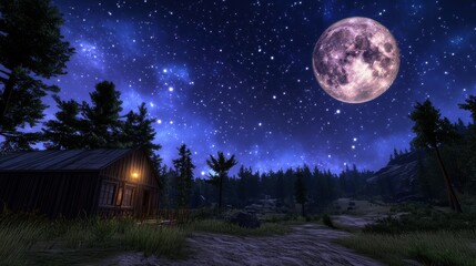 Naklejka premium Stone Cottage Under a Full Moon and Starry Sky