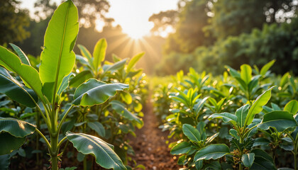 Obraz premium Lush coffee and banana plants in golden sunlight, ecological balance
