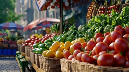 Sunlit Farmers Market Produce Display Tomatoes, Lemons, and Greens in Wicker Baskets