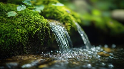 Fototapeta premium A small waterfall cascading over a mossy rock surface in nature