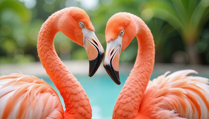Obraz premium Flamingos forming heart shape in tropical landscape, symbolizing love