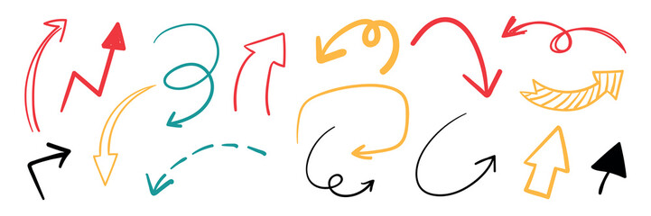 Colorful arrows in various styles and directions. Red, yellow, black, and teal arrows. Curved, straight, and zigzag arrows. Decorative arrow designs. Colorful elements vector set.