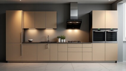 Elegant Kitchen Interior with Modern Design and Neutral Color Palette, High-Quality Materials, and Bright Lighting Fixtures, Contemporary Styled Cabinetry