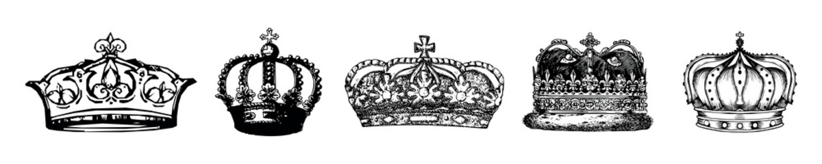 Illustration of five ornate crowns, each with unique designs. The crowns vary in style, showcasing intricate details and royal elegance. Perfect for regal themes. Vintage elements vector set.