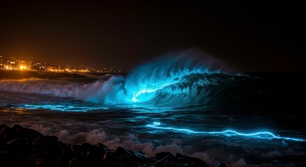 Naklejka premium Luminous Ocean Wave: The mesmerizing ocean wave illuminated with bioluminescence crashing in the dark night, against the distant city lights.