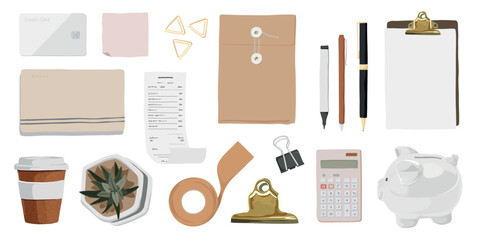 Office supplies on a desk: coffee cup, calculator, tape, pens, clipboard, and plant. Desk essentials like calculator and coffee cup. Office tools and supplies. Workspace elements vector set