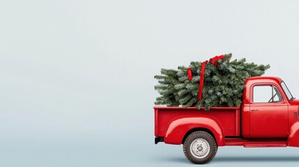 Vintage Red Truck with Christmas Tree and Red Ribbon on a Light Background