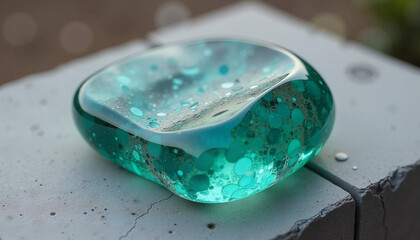 Translucent blue resin object with bubbles on concrete surface