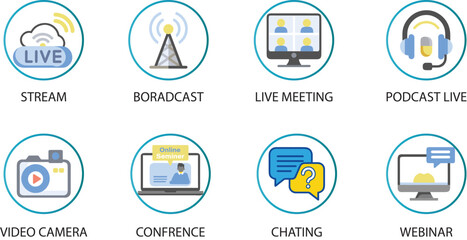  Editable Vector Live Streaming Icons Set Online Meetings, Zoom, Podcast, Headphones, Camera, Internet Conference, Webinar Recording.