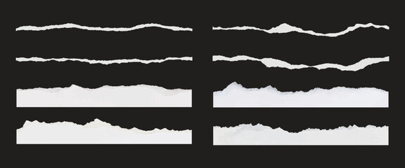 Set of torn paper edges on a black background. Torn paper textures in various shapes. Torn paper design elements for creative projects. Ripped paper element set. Vectors.