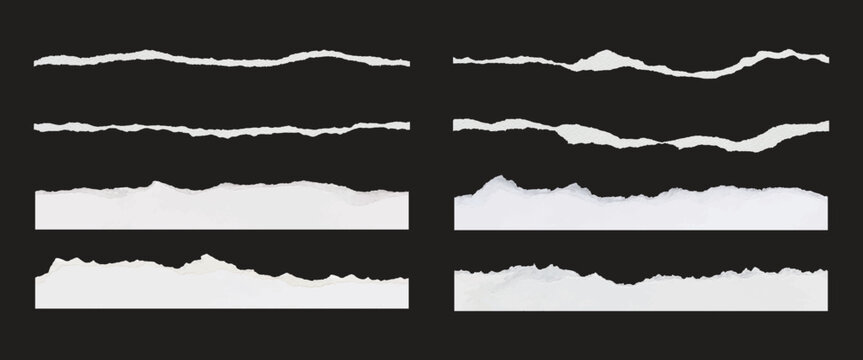 Set of torn paper edges on a black background. Torn paper textures in various shapes. Torn paper design elements for creative projects. Ripped paper element set. Vectors.