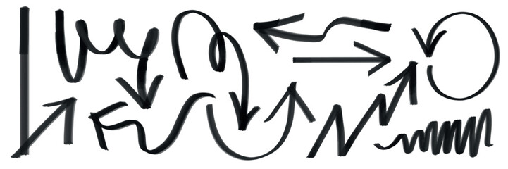 A collection of black hand-drawn arrows and lines in various directions and styles, including curved, zigzag, and circular arrows on a white background. Hand drawn doodles element set. Vectors.