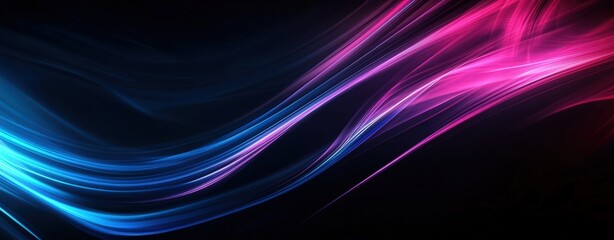 Fototapeta premium abstract neon background with glowing blue and pink lines on black, virtual scene for presentation, concert poster