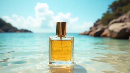 Obraz premium Elegance captured, Perfume bottle in the ocean's embrace with scenic island views
