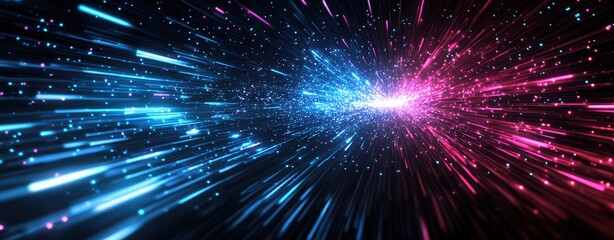 abstract neon background with glowing blue and pink lines on black, virtual scene for presentation, concert poster