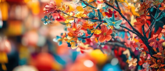 Fototapeta premium Vibrant artificial flower tree with colorful blossoms and bokeh background, creating a festive and decorative atmosphere
