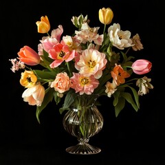 Obraz premium Vibrant bouquet of tulips and other flowers in a glass vase.