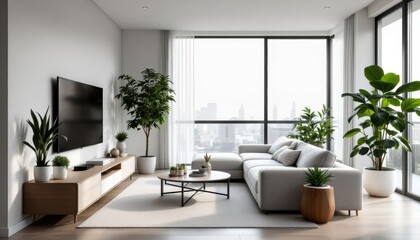 Fototapeta premium Modern living room with large windows and indoor plants overlooking cityscape