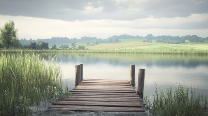 Naklejka premium Tranquil Lake View: Serene Wooden Dock and Picturesque Landscape