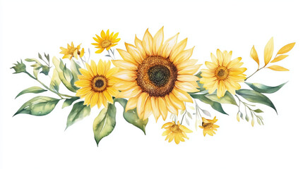 Naklejka premium A vibrant watercolor floral composition featuring sunflowers, orange petals, and fresh greenery for a lively and warm display