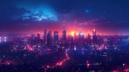 Fototapeta premium Vibrant neon cityscape at night with illuminated skyline and starry sky