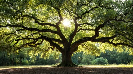 Majestic old tree with sun shining through dense green foliage