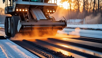 Obraz premium Close-Up View of a Road Paver Machine Spreading Hot Asphalt