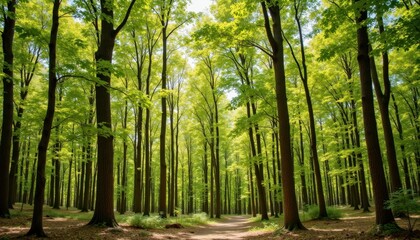 Obraz premium The forest is a lively and colorful mix of slender, tall deciduous trees, with their bright green leaves rustling in the gentle breeze