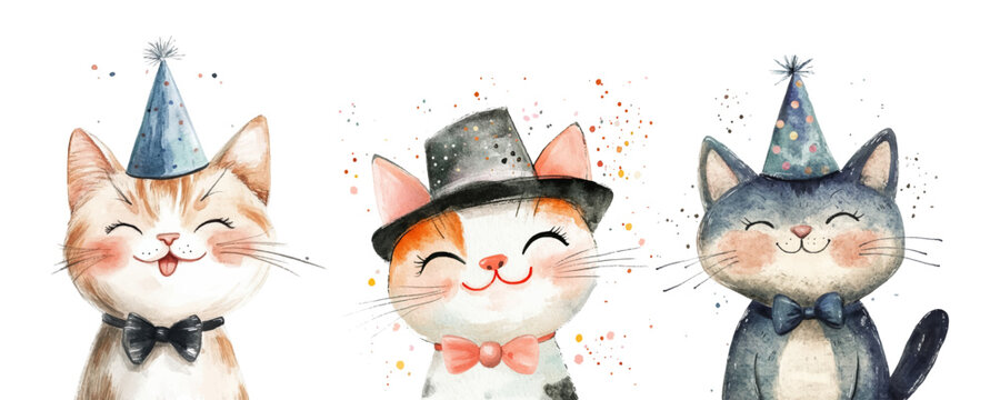 Watercolor set of birthday cats. Cute cats with a bow on their neck and a festive birthday hat. Cartoon birthday cats. Elements for invitations, birthday parties. Children's birthday.