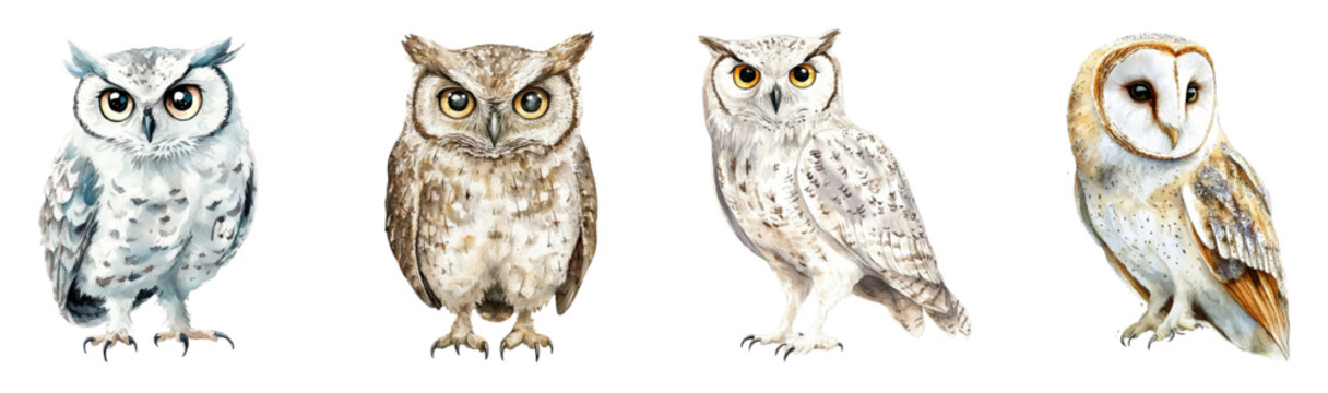 Watercolor set of owls png. Watercolor forest owls and eagle owls on a transparent background. Forest wild birds. Symbol of wisdom for the Day of Knowledge. White and gray owls. Vector illustration