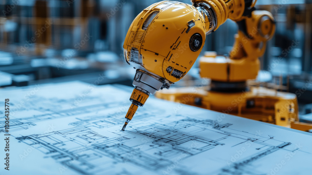 Poster advanced futuristic robot working on architectural blueprints at a construction site, demonstrating 